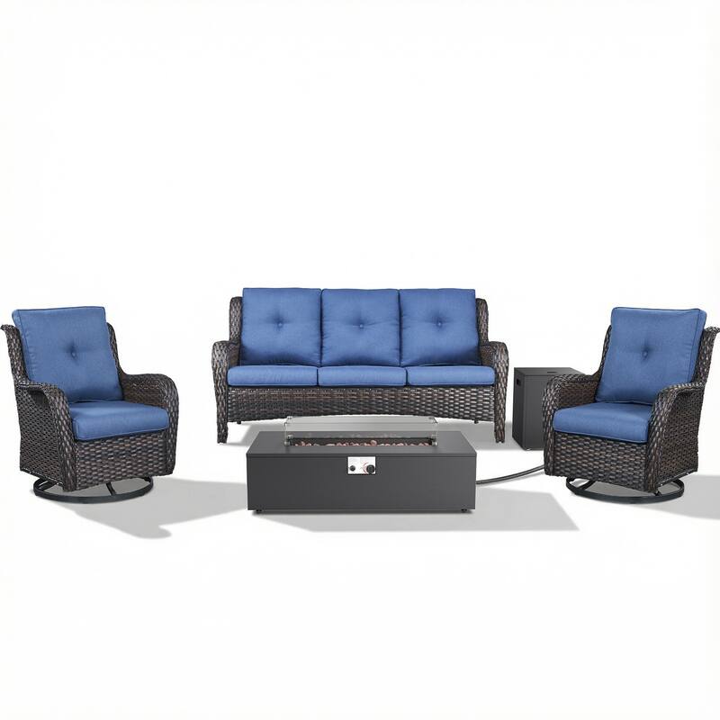 Pocassy Outdoor 5 Pieces Sofa Swivel Chair with Fire Pit Table