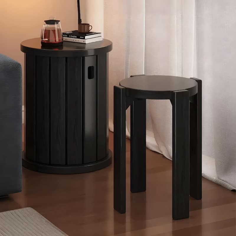 4 Packs Walnut Stools Spac-saving Design, 4-in-1 Solid Wood Stool Side Table - Black