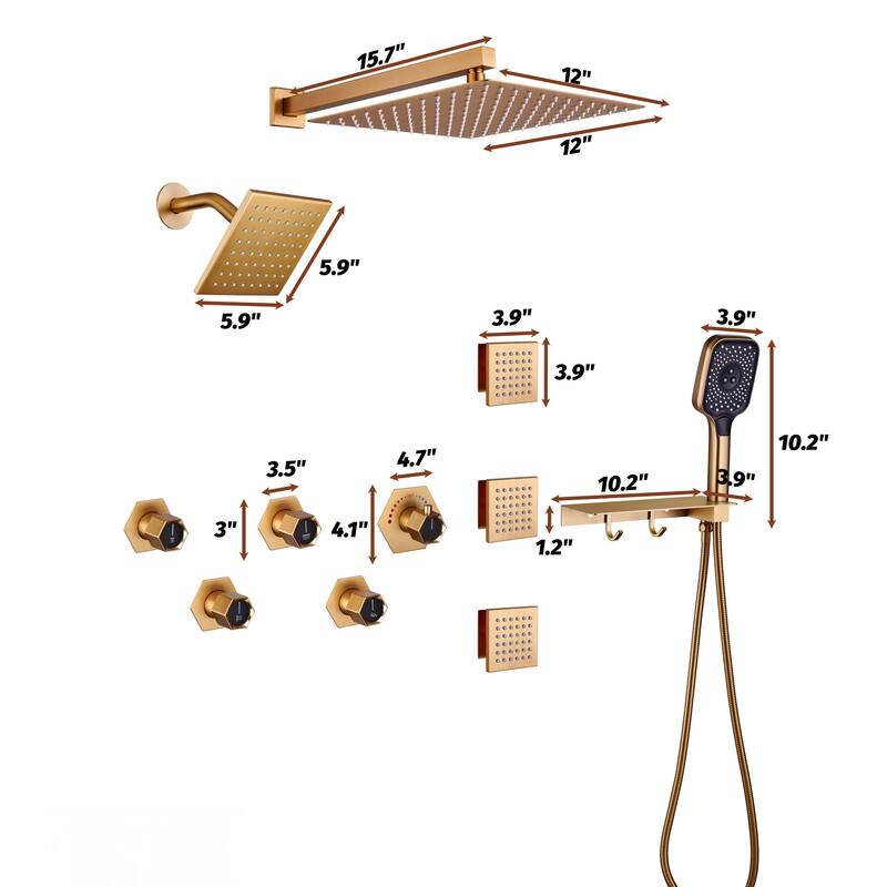 12-inch 4 Functions Wall Mounteded Thermostatic Rainfall Dual Shower Heads Set