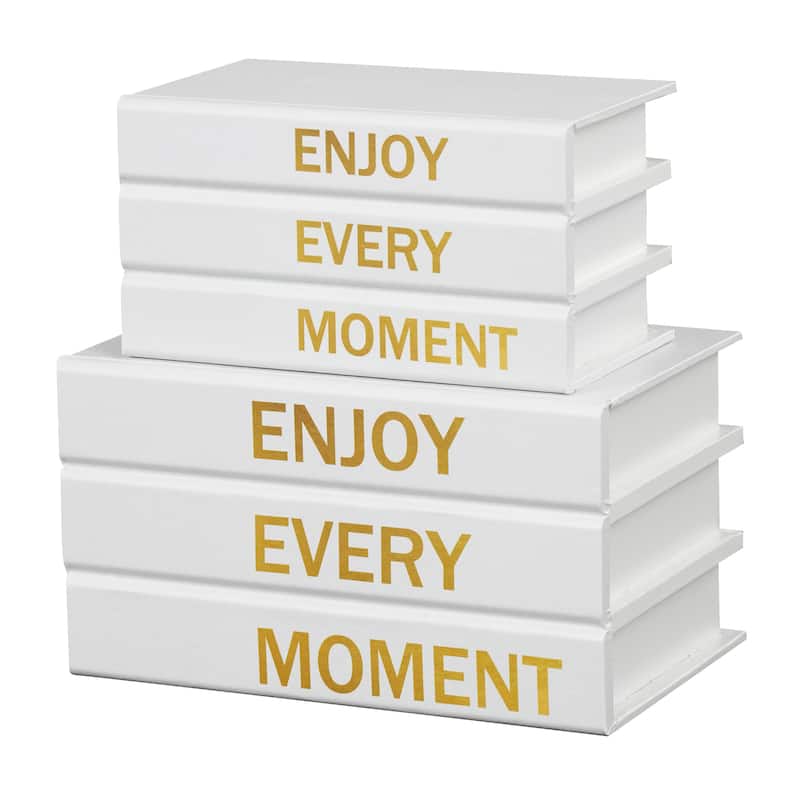White or Black Canvas Faux Storage Book Box with Gold or White Enjoy, Every, Moment Text (Set of 2)