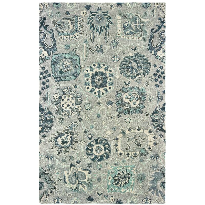 Tempe Grey Blue Hand-Tufted Wool Floral Oriental Casual Area Rug