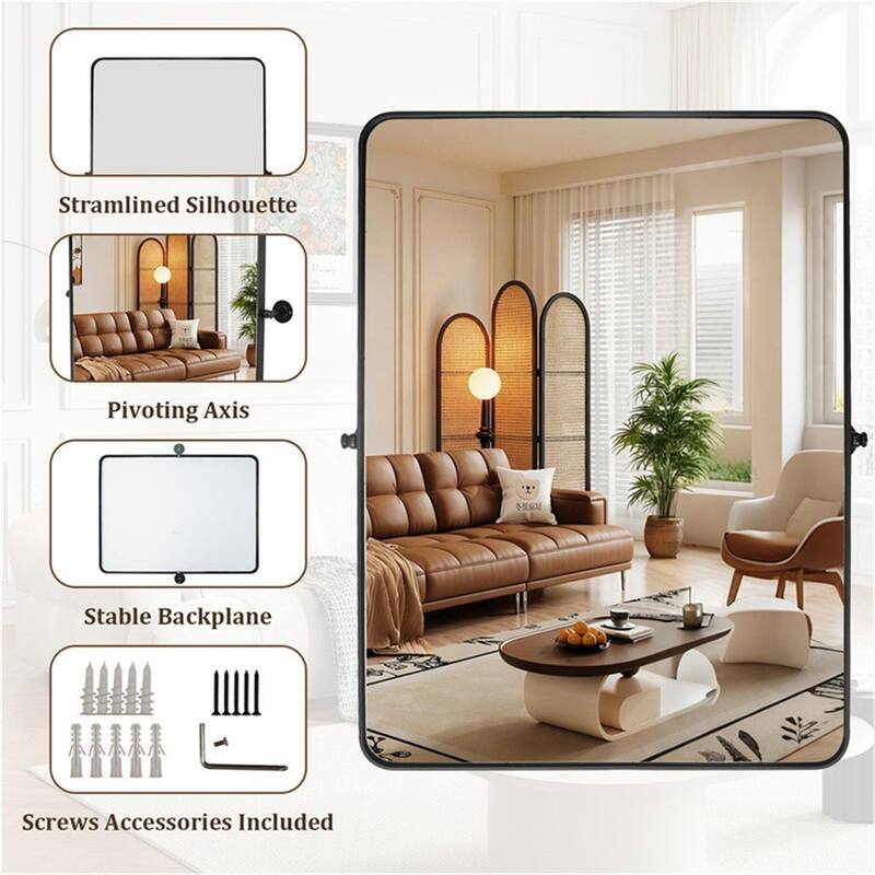 Matte Black Pivot Mirror for BathroomTilt Rounded Rectangle Vanity