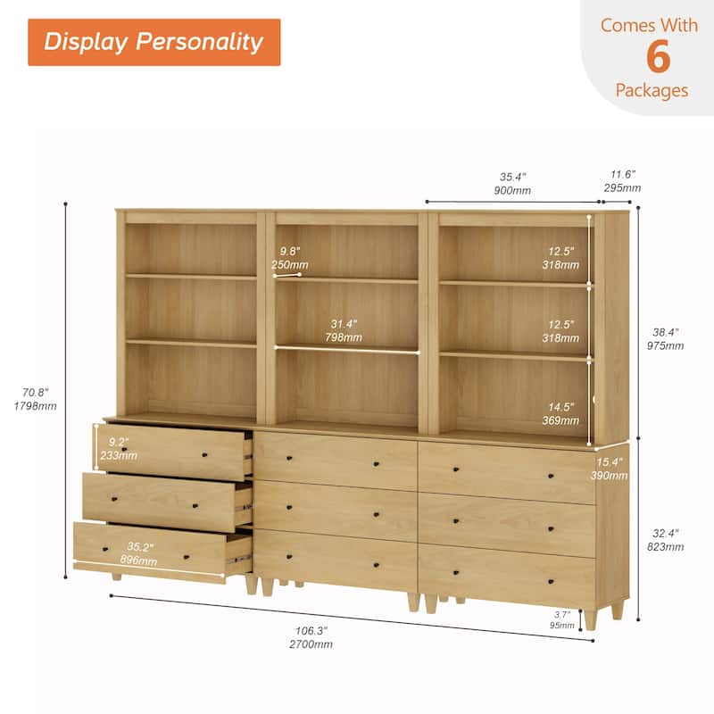 WAMPAT Modern 71" Tall Bookcase with 9 Drawers, 3 Columns 3-Tier