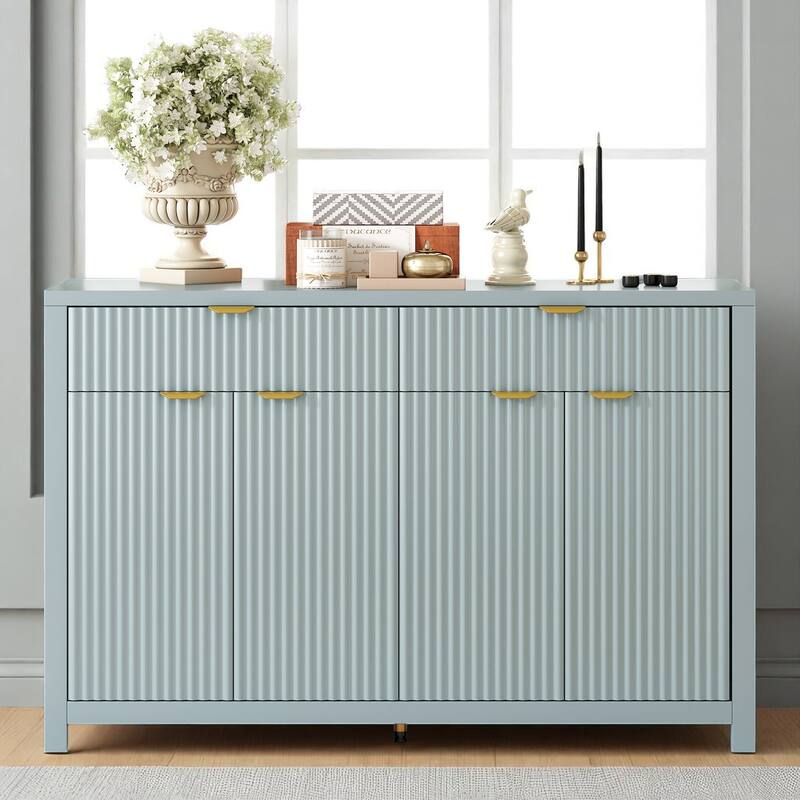 Modern Sideboard Buffet Cabinet with Wave Pattern, 2 Drawers, 4 Doors, Adjustable Shelves, Scandinavian Style
