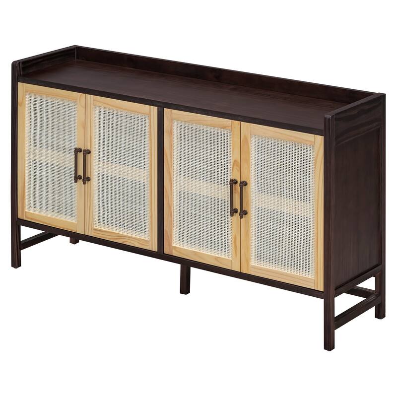 Natural Walnut Buffet Sideboard Storage Cabinet, Rattan Doors Accent Cabinet Console Table for Dining Room Living Room
