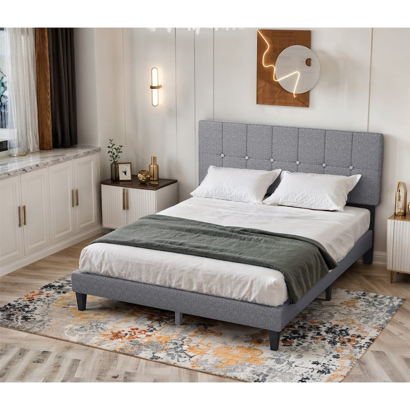 Twin Bed Frame Upholstered Platform with Headboard and Strong Wooden Slats,No Box Spring Needed, Easy Assembly