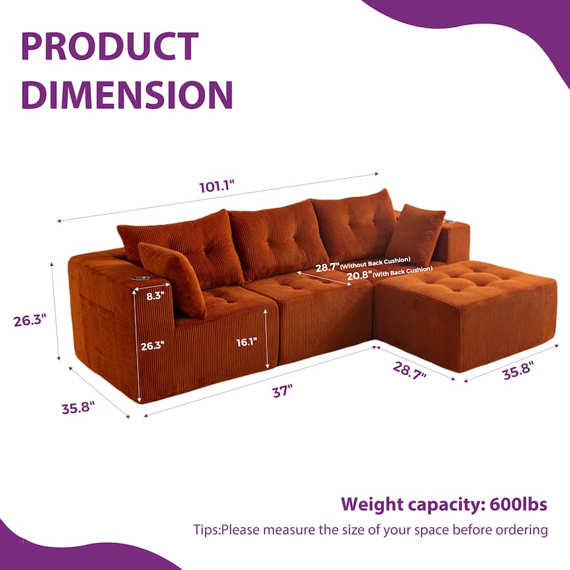 Corduroy Modular Sectional Sofa - 35.8"D x 101"W x 26.3"H