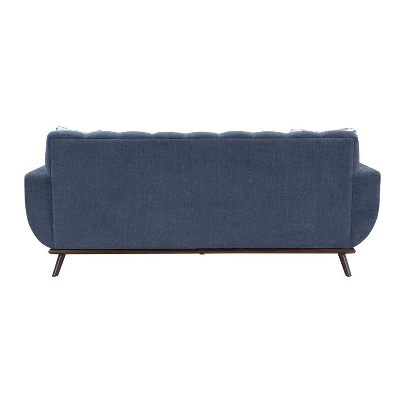 Keto 87 Inch Sofa, Blue Chenille, 2 Throw Pillows, Brown Solid Wood