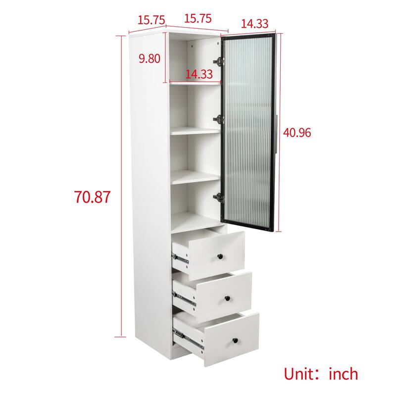 Roomfitters Elegant White Tall Storage Cabinet with 3 Drawers and Glass Door, Modern Display Organizer