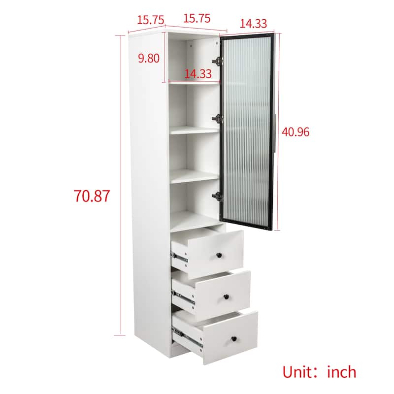 White Storage Cabinet, Modern Freestanding Narrow Bookcase with Glass Doors, Storage Drawers Wood File Cabinets for Home Office