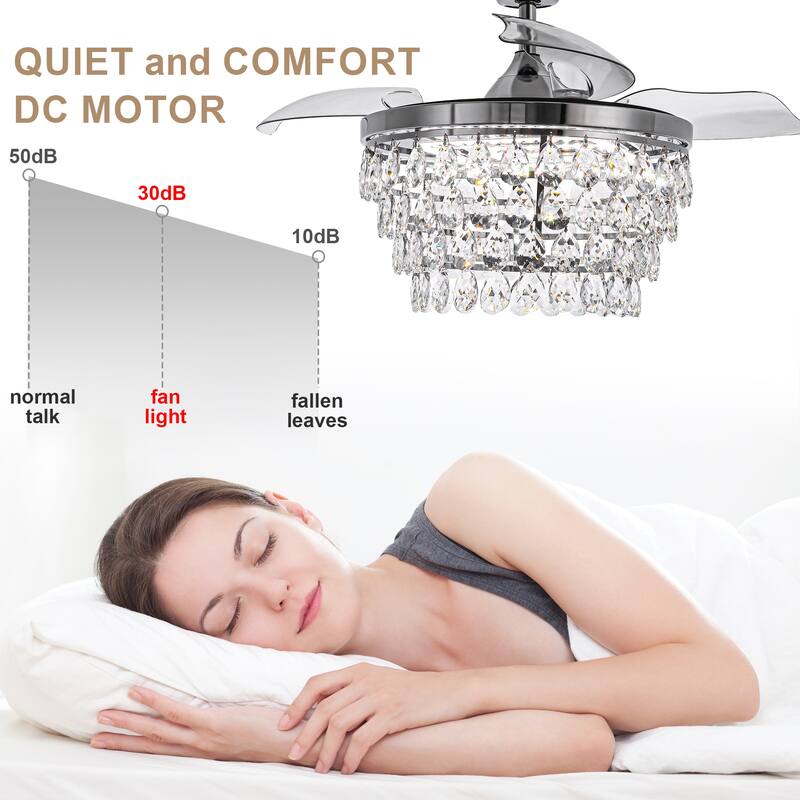 Bella Depot 42" Retractable Crystal Ceiling Fan with Light and Remote 6-Speed Reversible Fan