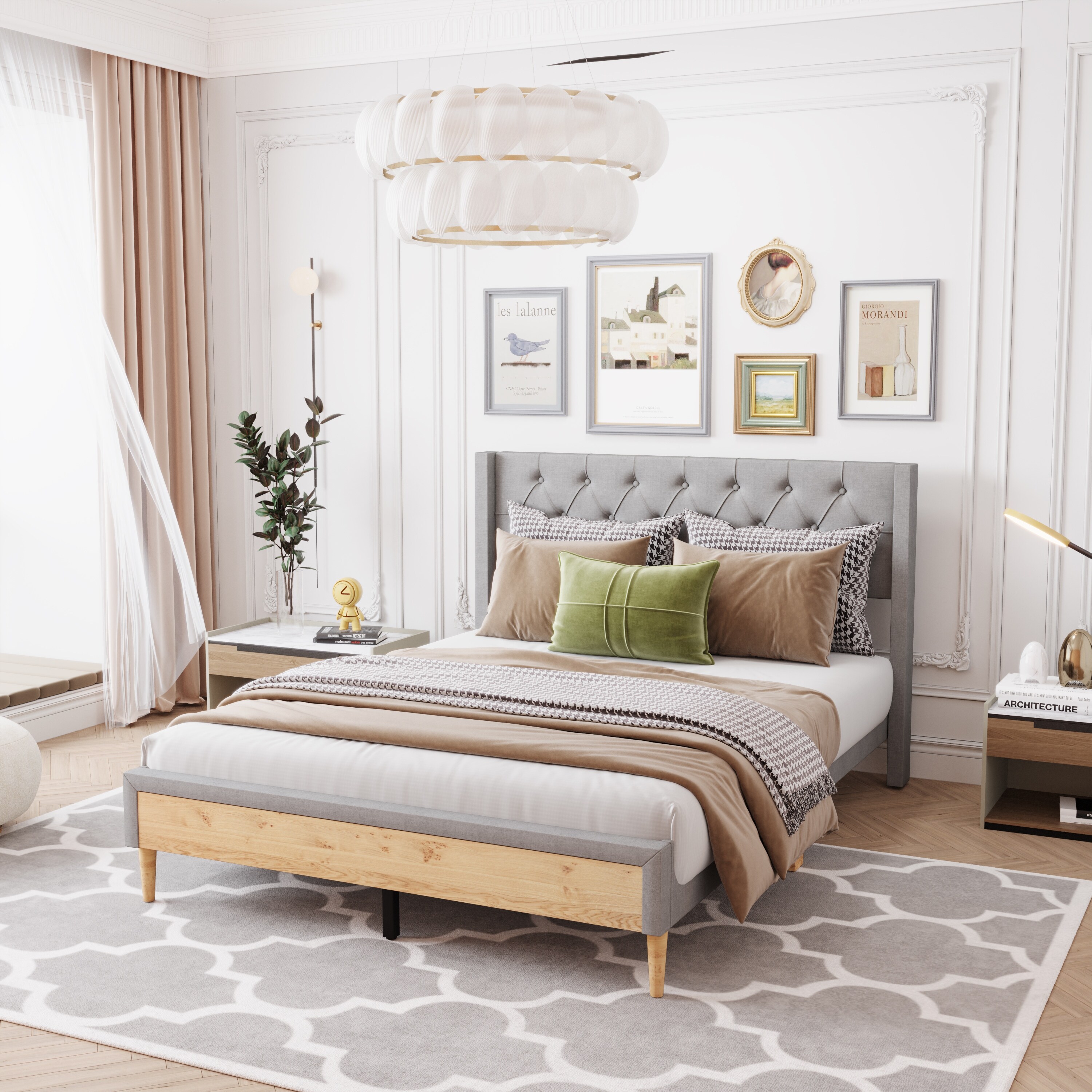 Upholstered Platform Bed with Rubber Wood Legs No Box Spring