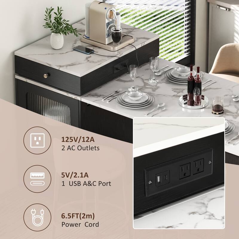 Roomfitters 59.5" Kitchen Island with 41.8" Extendable Dining Table, Double-Sided Storage, Power Outlet, 2 Drawers