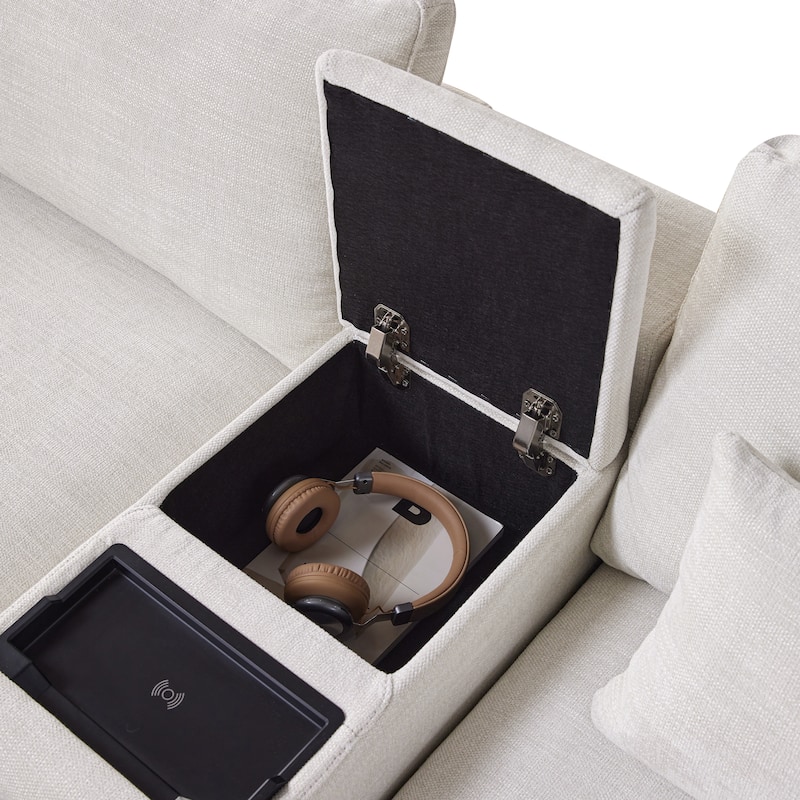 124'' Modular Sectional Sofa with Storage Console and Movable Ottoman, 4-Seat, Chenille, Beige