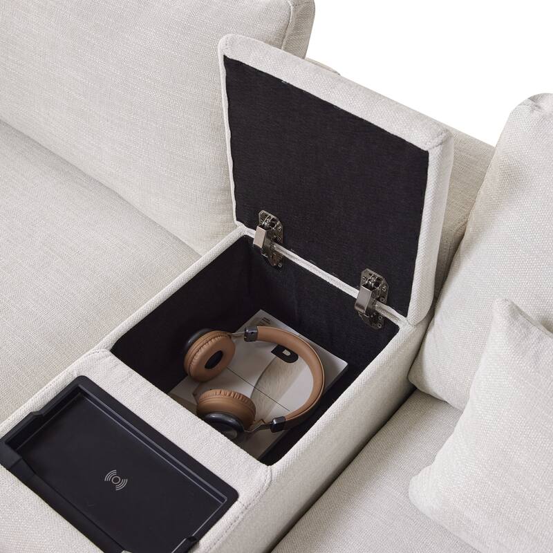 L Shaped Modular Sectional Sofa with Storage Console, Ottoman, USB