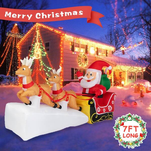 Kinbor 7ft Lighted Christmas Inflatable Santa Claus On Sleigh W Two Flying Reindeer Gift Outdoor Blow Up Holiday Decoration Overstock 29714393