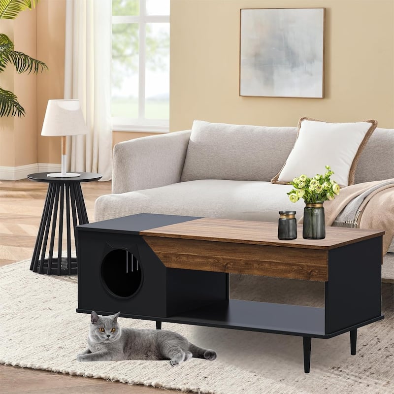 Hidden Cat Litter Box Enclosure, 45'' Coffee Table with Cat House - Retro Brown And Black