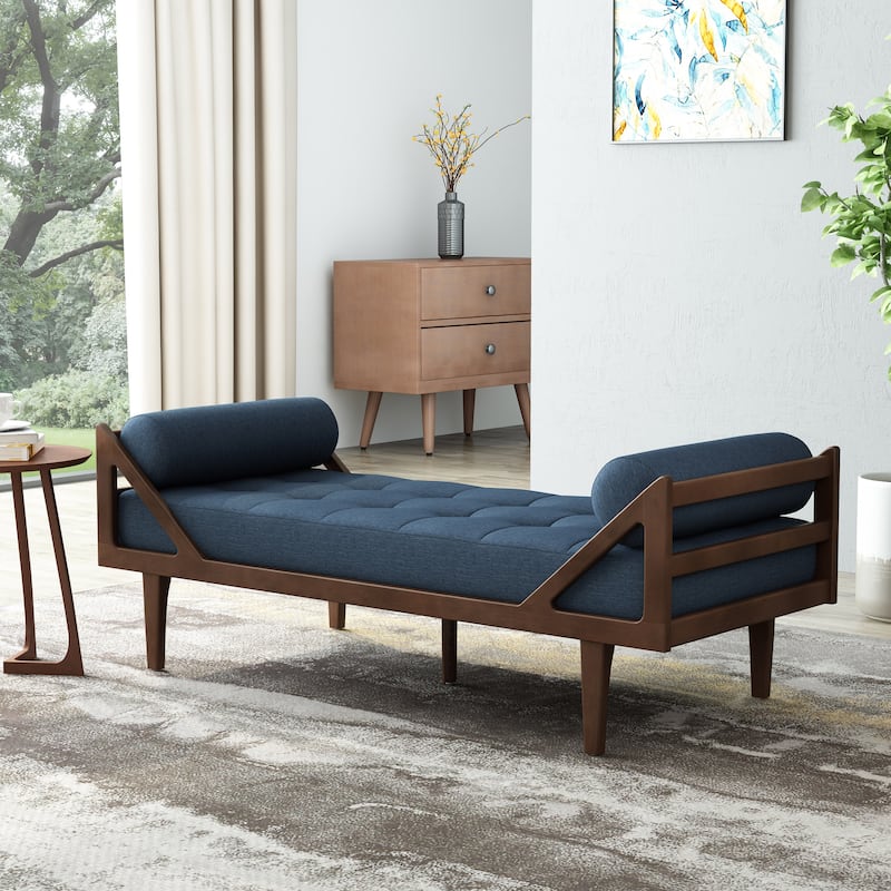 Navy Blue Modern 65" Button Tufted Chaise Lounge Chair with Bent Wood Desing and Rolled Accent Pillows