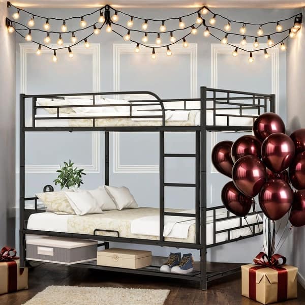 slide 2 of 12, Metal Loft Bed with Storage Space and Ladder, Full Over Full Black