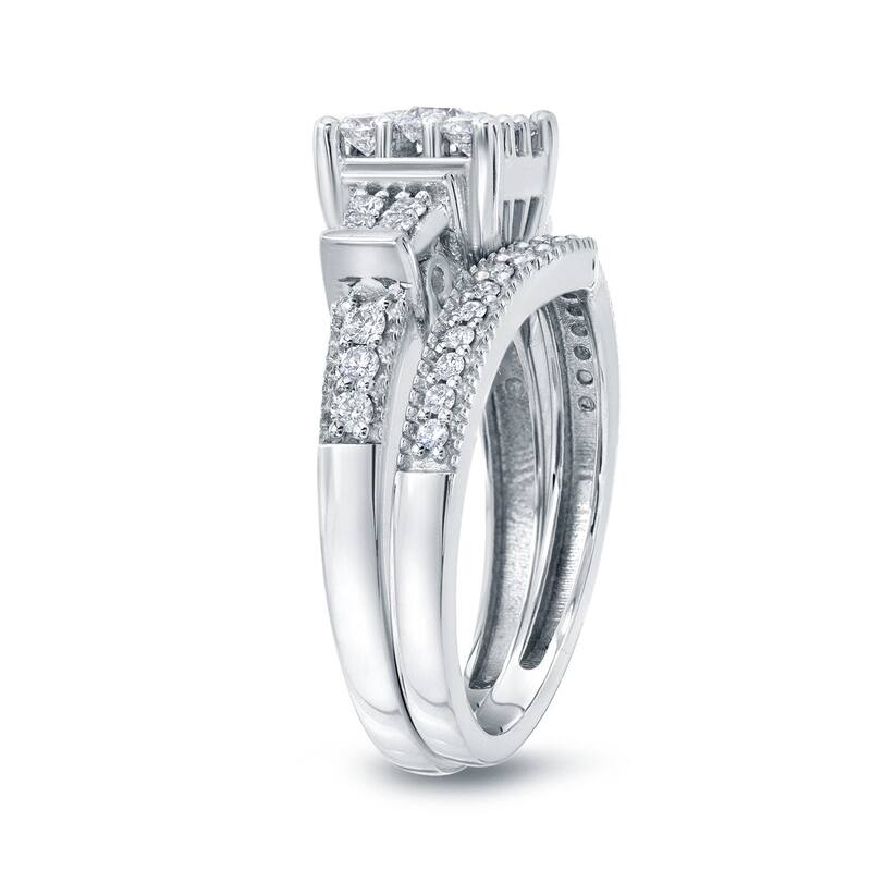 Auriya 14k Gold 3/4ctw Ornate 3-Stone Halo Diamond Engagement Ring Set