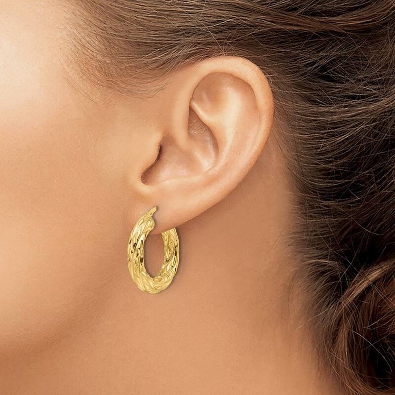 Curata 14k Yellow Gold Polished Woven Texture 4.75mm Round Hoop Earrings - 24.9x23.6mm