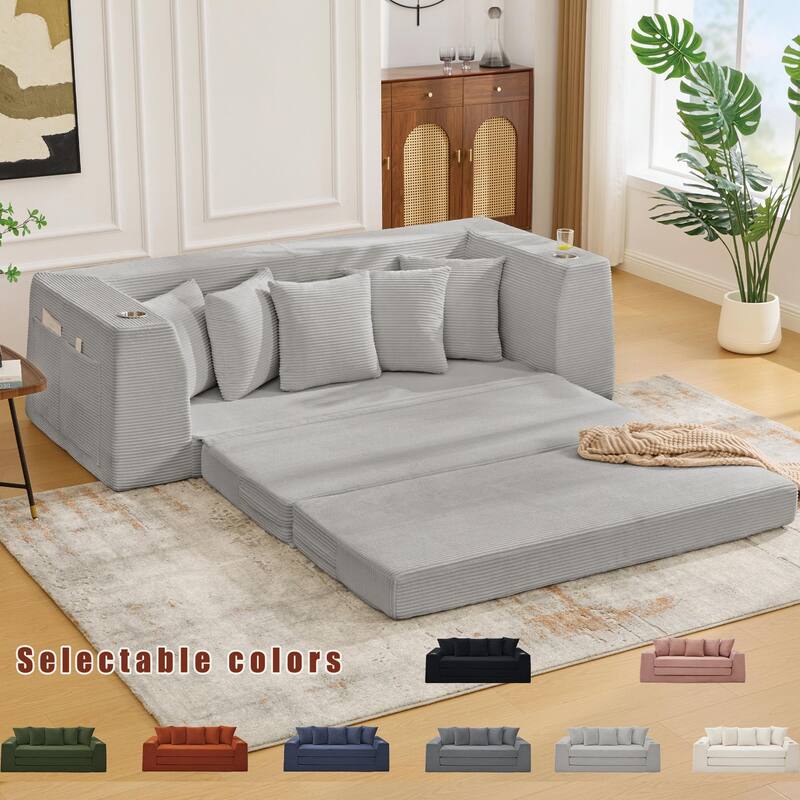2 in 1 Convertible Sofa Bed, Sleeper Sofa with Storage Pockets, Pull Out Loveseat Couch with Two Cup Holders - Light Gray