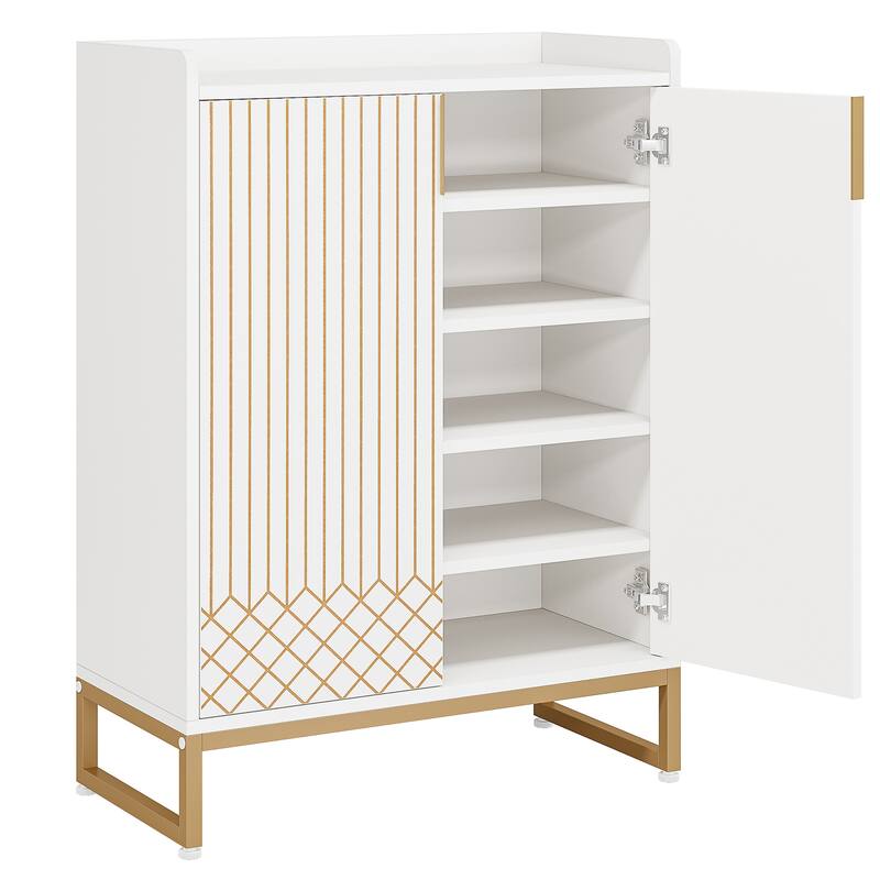 29" White & Gold Shoe Cabinet with Doors, 5 Tiers