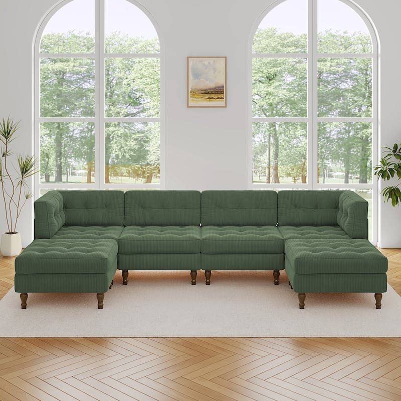 130"W Corduroy Upholstered Modular Sectional Sofa with Storage Ottoman - Green