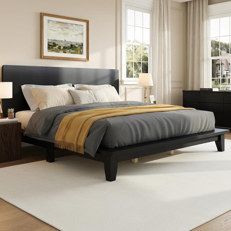 Minimalist Wood Platform Bed Frame with Headboard by Harper&Bright Designs - Black - King