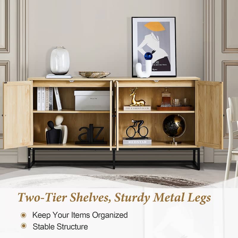 Wood Rattan 4-Door Buffet Sideboard With Storage