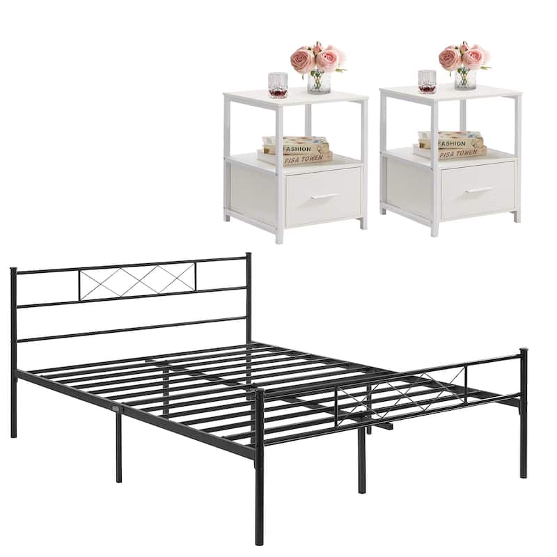 VECELO Industrial 3-Piece Bedroom Set Black Platform Bed Frame with Headboard and Modern Nightstand Set of 2 - Black Bed-White Nightstands - Full