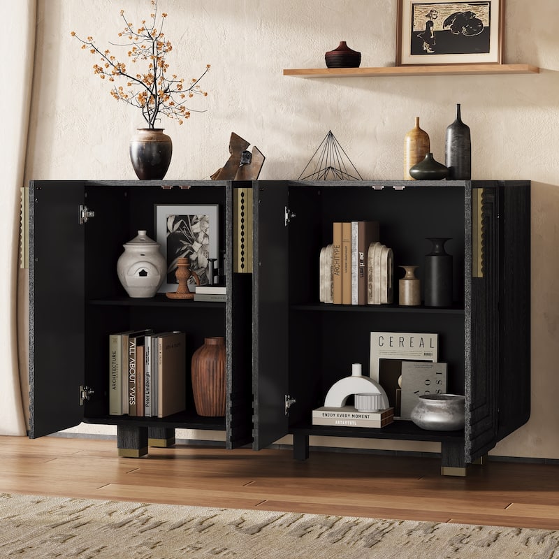 Retro Buffet Cabinet with Storage, 4-Door Vintage Fluted Sideboard Cabinet with Adjustable Shelves for Dining Room, Kitchen