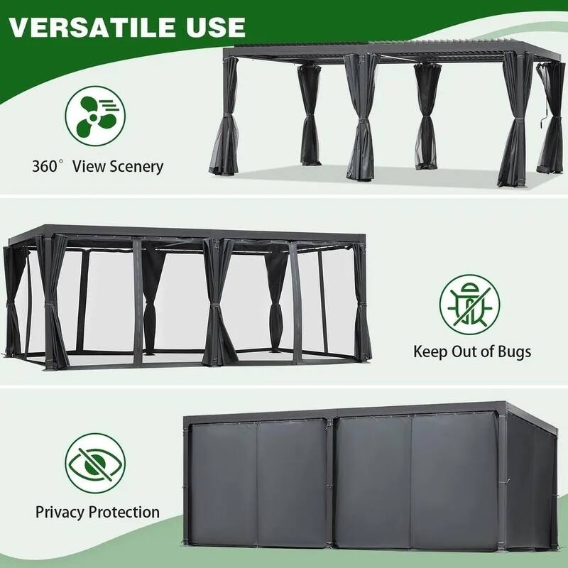 EROMMY 12x20 Adjustable Metal Roof Gazebo, Louvered Pergola for Outdoor Use, Includes Curtains and Netting for Patio