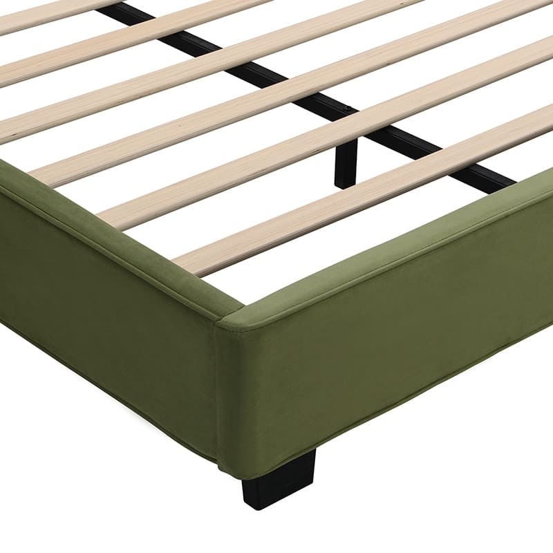Olive Green Frames King Size Velvet Platform Bed Soft Square Corners Tufted Headboard Low Profile Bed Upholstered Grounded Bed