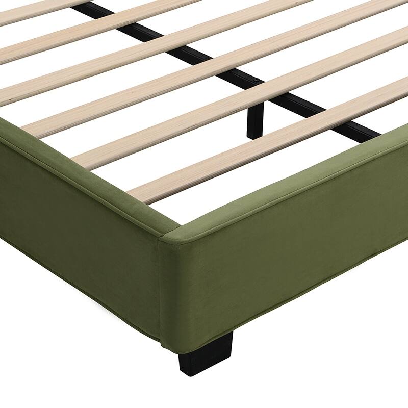 Oliver Green Velvet Upholstered Bed Frame, King Size Grounded Bed with Curved Tufted Headboard, Soft Square Corners Wingback Bed