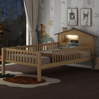 Twin Wood Platform Kids Bed with House-Shaped Headboard, LED Light & Built-in Storage, Finish with Safety Guardrails, Natural