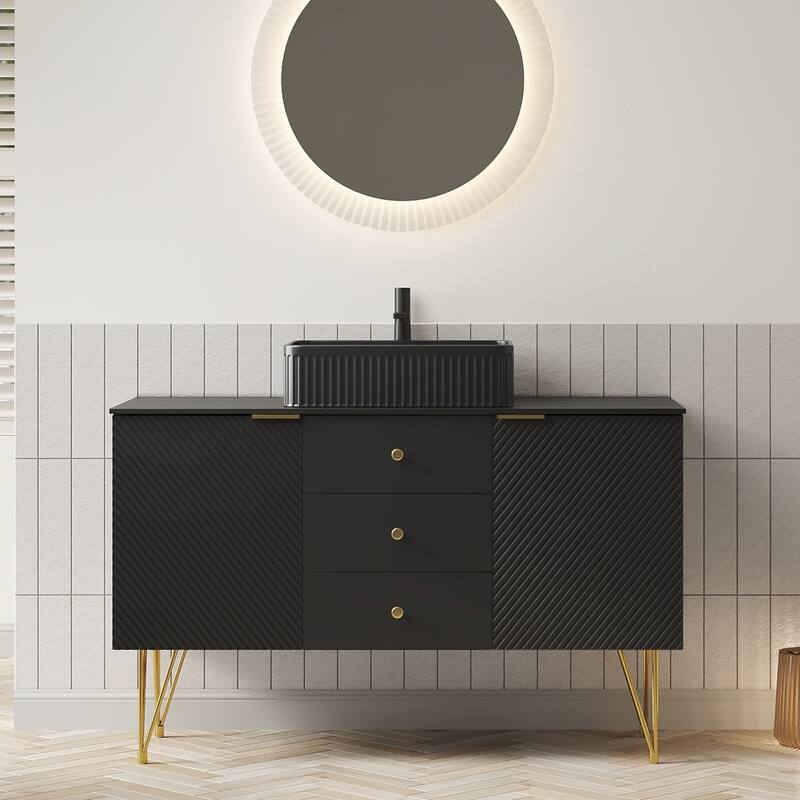 GDFStudio - Gema 48" Freestanding Bathroom Vanity with Black Sintered Stone Top, Gold Legs & Ceramic Basin - Black Rectangular