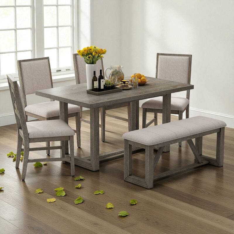 6-Piece Retro Farmhouse Dining Table Set, 60" Wood Table with 4 Upholstered Chairs and Bench for Kitchen & Dining Room - Grey