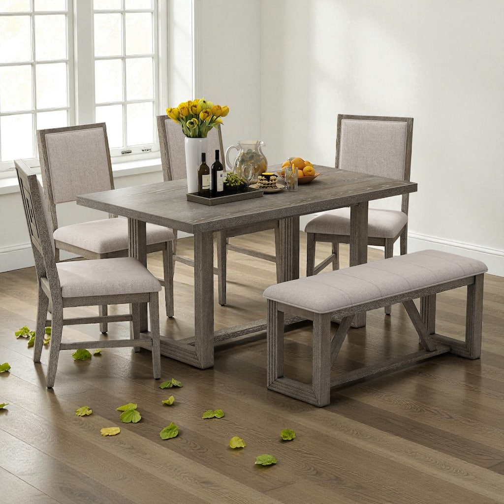 6-Piece Retro Farmhouse Dining Table Set, 60" Wood Table with 4 Upholstered Chairs and Bench for Kitchen & Dining Room