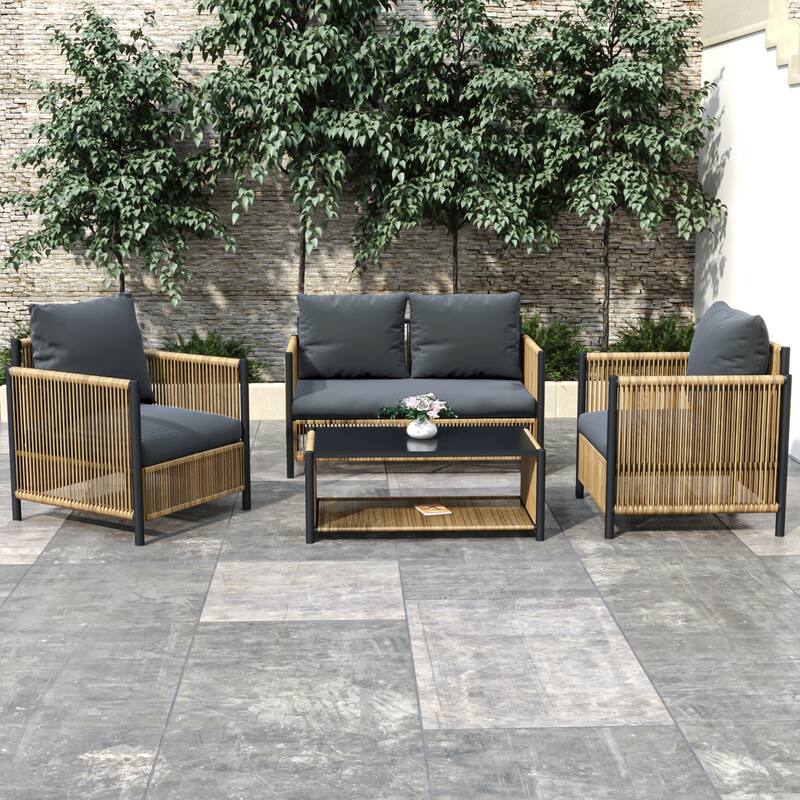 4-Piece Outdoor PE Wicker Sofa Set, All Weather Patio Conversation Furniture Set with Removable Cushions and Coffee Table