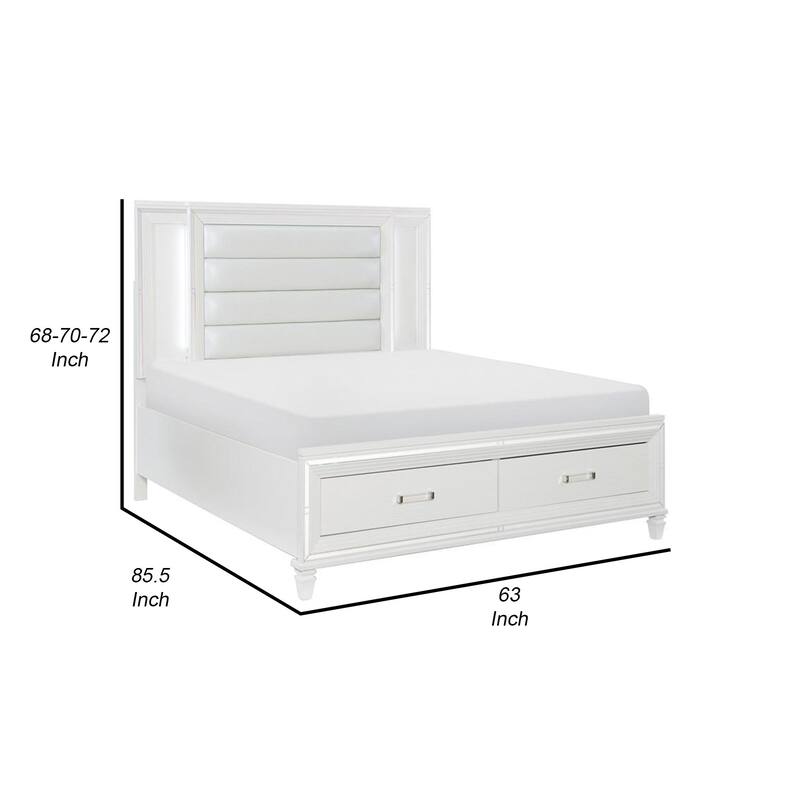 Delcy Queen Platform Bed, LED Headboard, 2 Drawer Footboard, Mirror, White