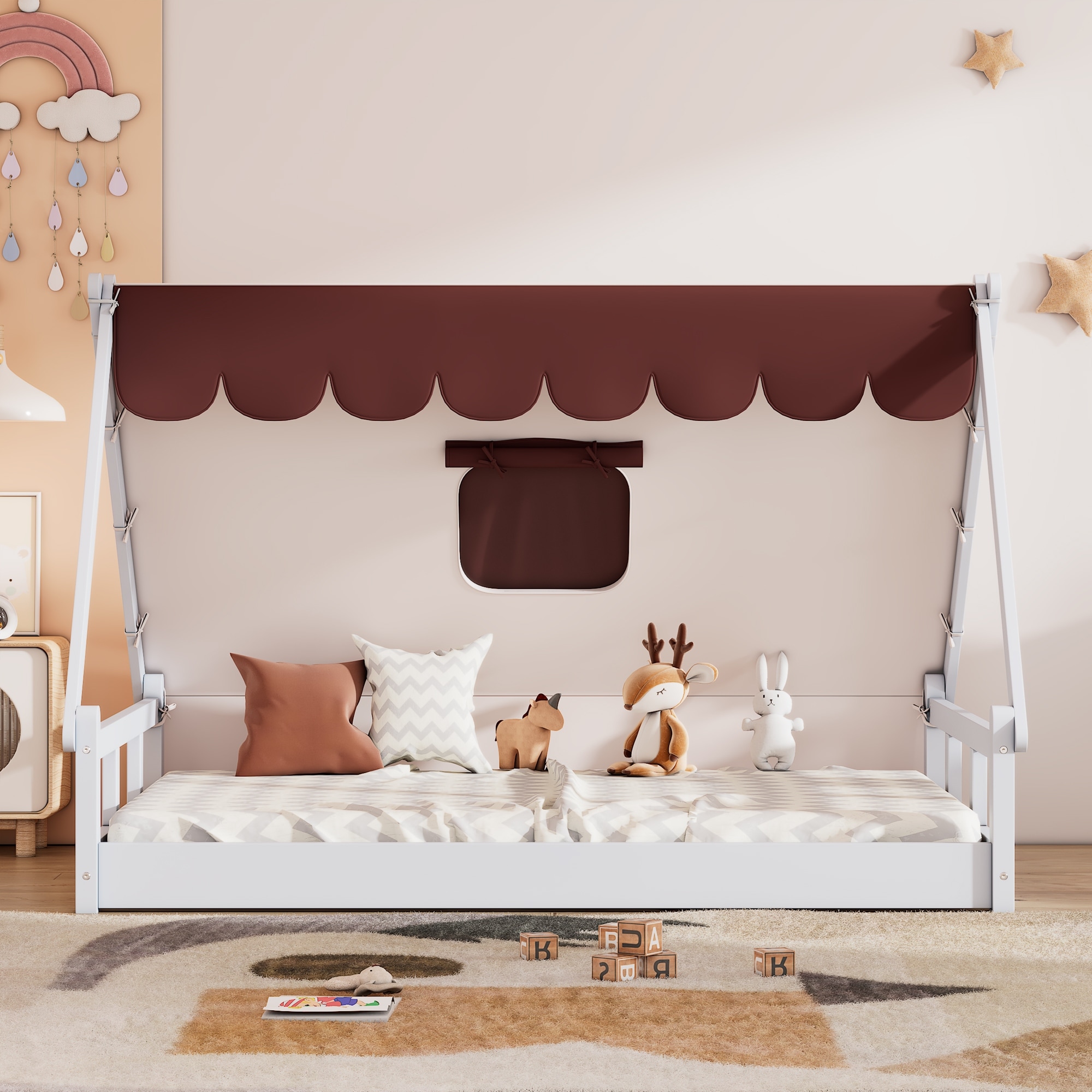 Full Size Tent Theme Kids Bed Tent Bed Wooden Floor Bed with Fabric Bed Bath Beyond 39310574