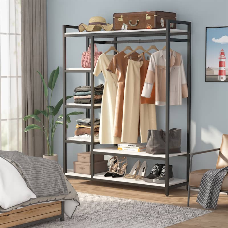 Black/ White Modern Clothes Garment Rack,Metal and Wood Closet Rack Closet Organizer System with Hanging Rod and Shelf