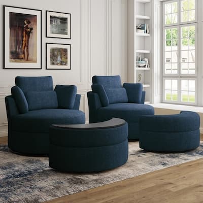 Chenille/Boucle Swivel Barrel Chair with Storage Ottoman