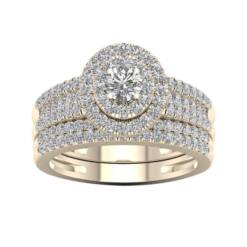 1ct TDW Diamond Double Halo Bridal Ring Set in 14k Yellow Gold for Women
