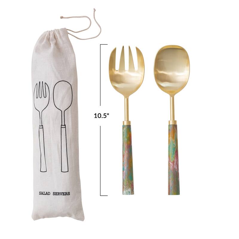 2-Piece Stainless Steel Salad Servers with Marbled Resin Handles - 10.5"L x 2.5"W x 1.0"H