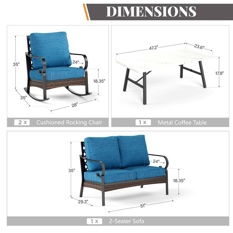 MAISON ARTS 4-Seat Patio Conversation Sets with 2 Rocking Sofa Chairs, 1 Loveseat Sofa and 1 Coffee Table