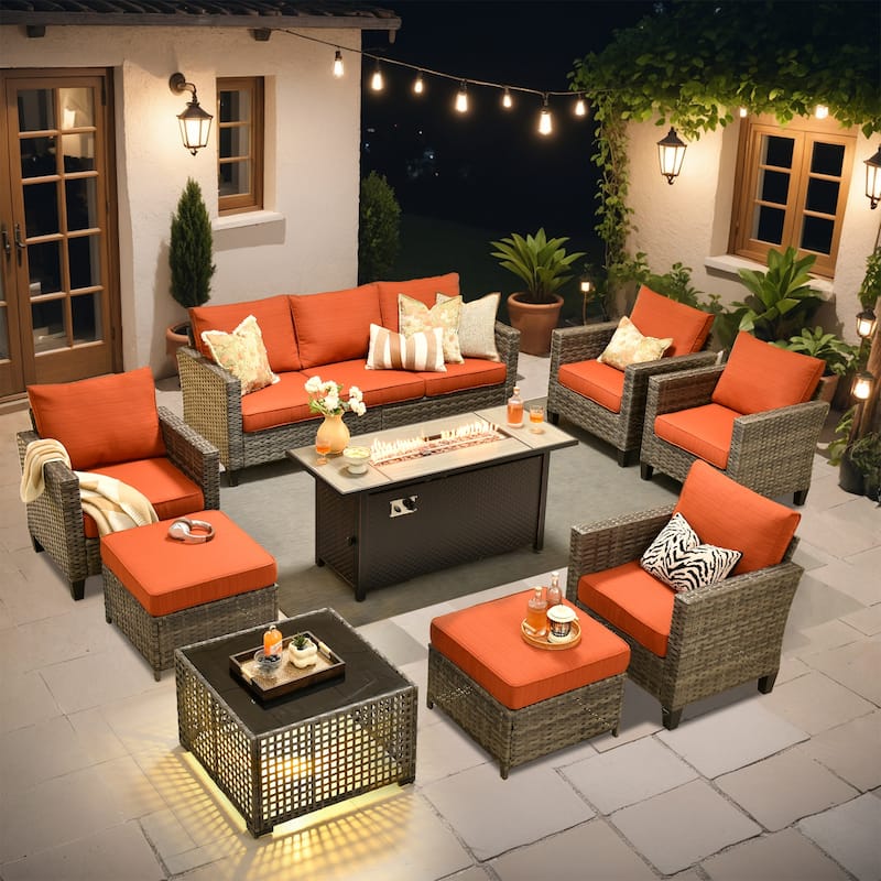 OVIOS 9 Pieces Patio Furniture Set with Solar-Powered Table & 54" Fire Table