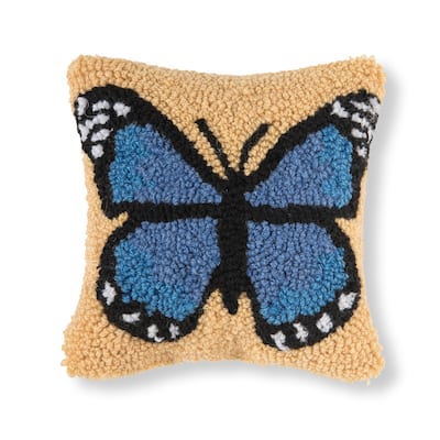 8" x 8" Blue Butterfly Hooked Pillow