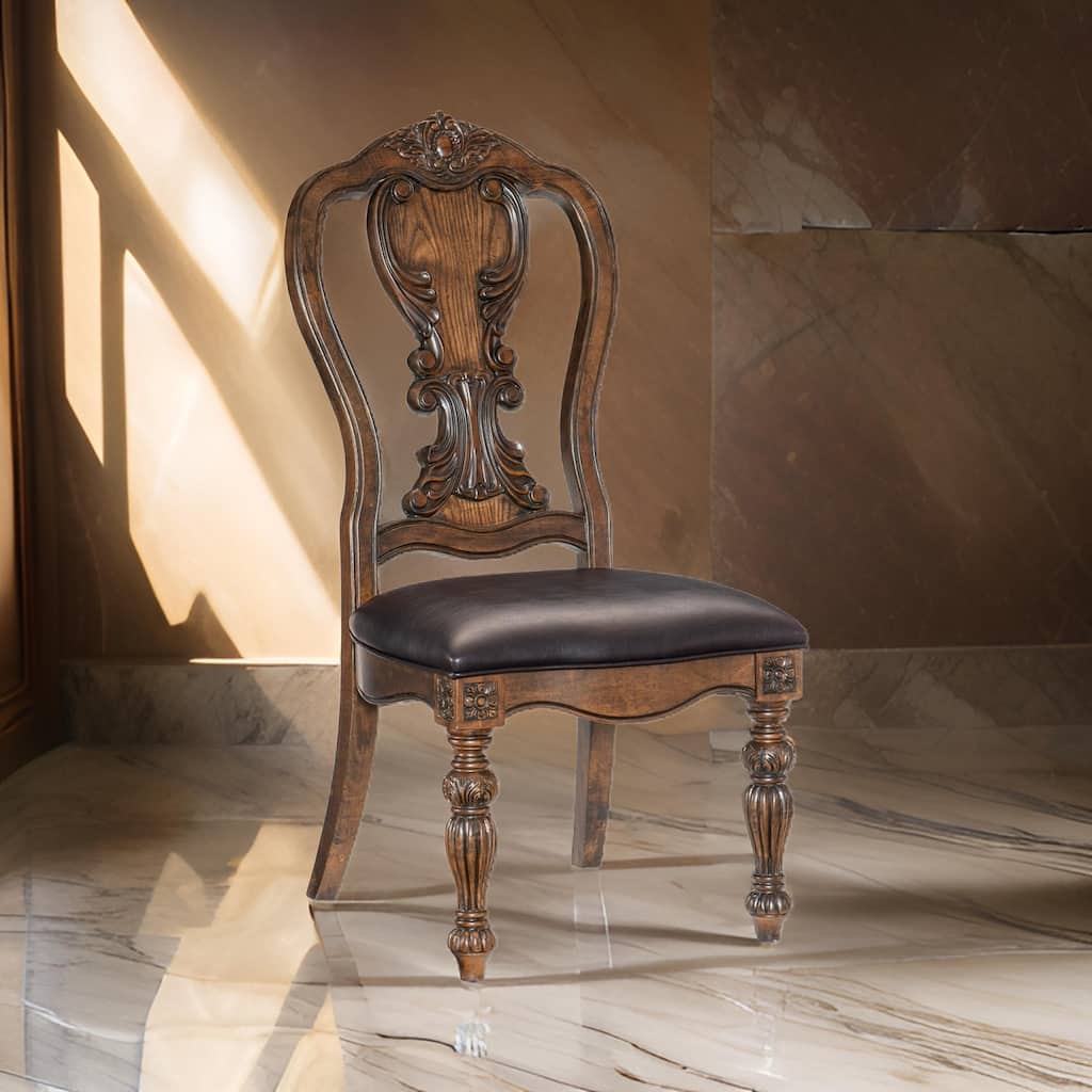 Devi 22 Inch Side Dining Chair Set of 2, Cutout Carved Back, Brown Faux Leather